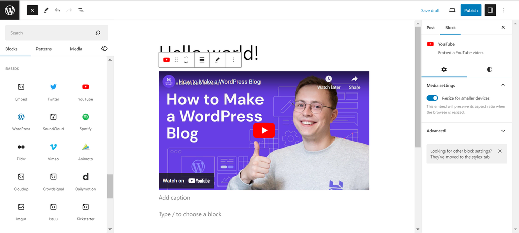 embed media in wordpress gutenberg1